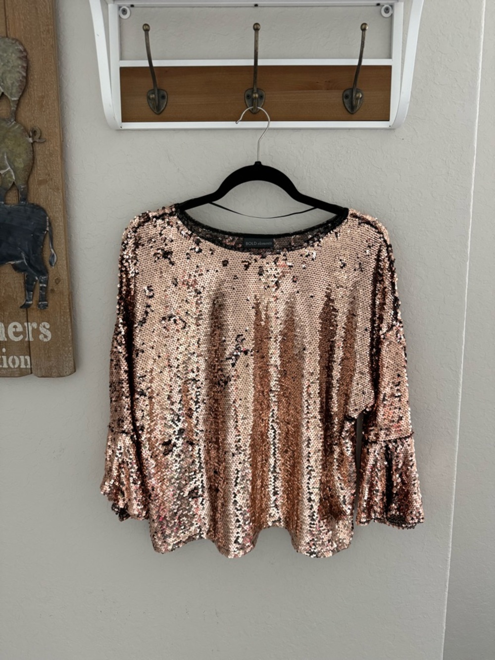 BOLD elements Rose Gold Sequin Ruffle-Sleeve Top